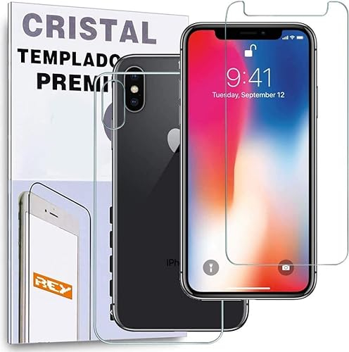 REY Protector de Pantalla Delantero + Trasero para iPhone X, Cristal Vidrio Templado Premium