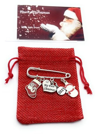 My First Christmas 2022 Andenken-Windelnadel mit roter Geschenktüte und Geschenkkarte – Schneemann, Weihnachtsstrumpf