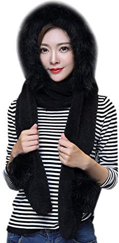Chapeau Chapka Femme Ado Fille 3 en 1 Bonnet Echarpe Gants Peluche Epais Chaud Foulard Tour de Cou Hiver Thermique Cache Oreille Moufles en Plein Air Cadeau d'Anniversaire Noël (Noir)