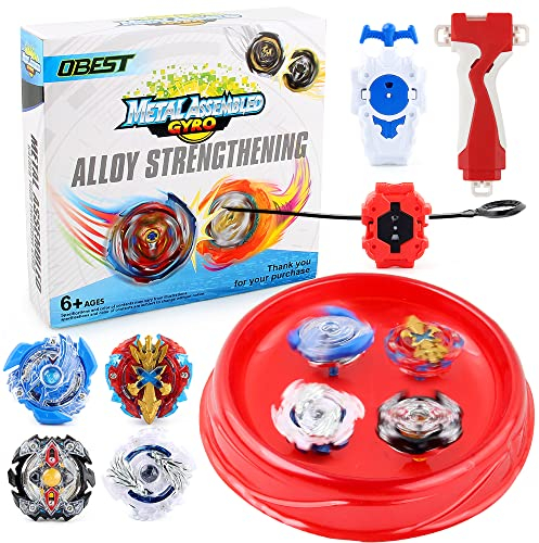 OBEST 4 Toupie de Combat Burst avec Lanceurs et Arène pour Enfants, 4 Toupies + 1 Lanceur + 1 Arène