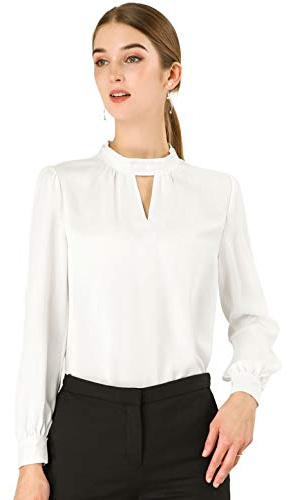 Allegra K Elegante Colletto Alto, a Maniche Lunghe, Girocollo, con Scollo a V, Camicie, Taglia, Bianco, L