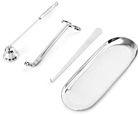 4-teiliges Kerzenzubehör-Set mit Kerzen-Dochtschneider, Kerzen-Dochtschieber, Kerzen-Schnuffer, Kerzentablett, Kerzen-Scheren-Schneider silber