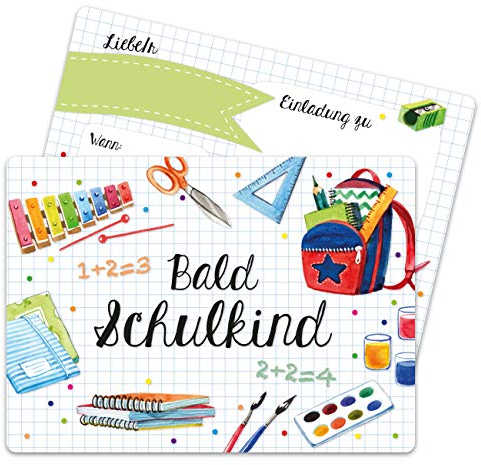 Papierdrachen 12 Einladungskarten zur Einschulung - Einladung mit Wasserfarben-Motiv zum Schulbeginn - Schulstart Erstklässler Erste Klasse - Ich werde Schulkind - Endlich Schulkind