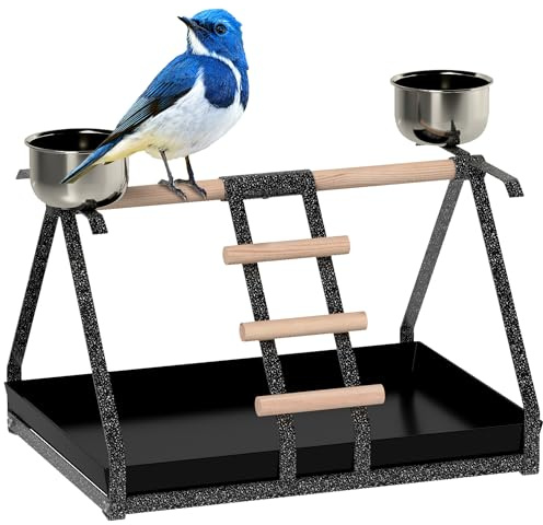 PawHut Parrot Stand Bird Stand w/Wood Perch Ladder Feeder Removable Tray