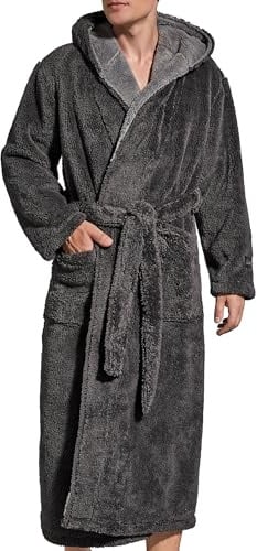 SlumberMee Mens Hooded Robe Soft Plush Fleece Bathrobe, Dark Grey, L