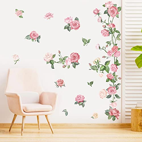 decalmile Stickers Muraux Fleurs des Rose Autocollant Mural Floral Rose Aquarelle Décoration Murale Chambre Bébé Fille Salon Bureau TV Mur