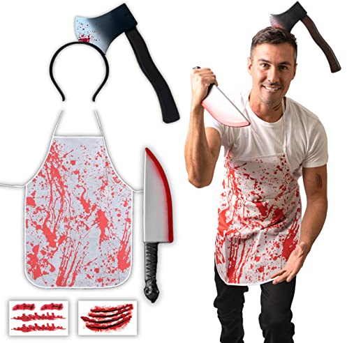 5 pcs Axe Butcher Costume - Halloween Costumes For Men - Adult & Teen One Size Fits All - 2024 Trending Fancy Dress - UK Based Brand