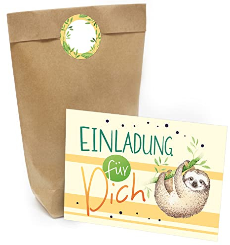 Kindergeburtstag Einladung Set mit je 8 Einladungskarten, Umschlägen, Tüten und Aufkleber - Faultier