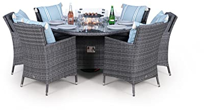 Giardino Savannah Gas Fire Pit Outdoor 6 Seater Round Rattan Dining Set - Grey