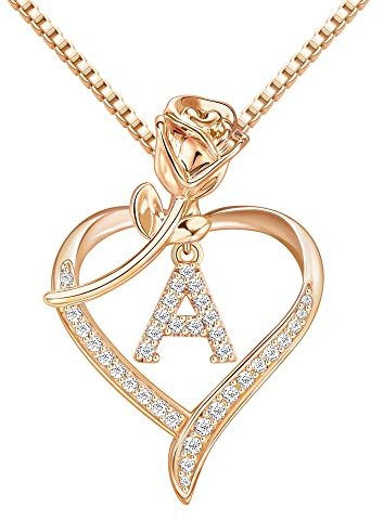 Nymerianoble Heart Necklaces for Women Gold Heart Pendant Initial Necklaces for Women Girls Dainty Cubic Zirconia A-Z Letter Rose Heart Necklace Jewerly Gifts, Cubic Zirconia