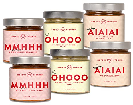 Hofgut Stöcken | Genießerpaket „Best of“ vom Testsieger | 6x 330ml Bio-Fertiggerichte im Glas | für Topf & Mikrowelle | Bio-Bolognese | Bio-Käse-Lauch-Suppe | Bio-Chili con Carne | mit Gelinggarantie