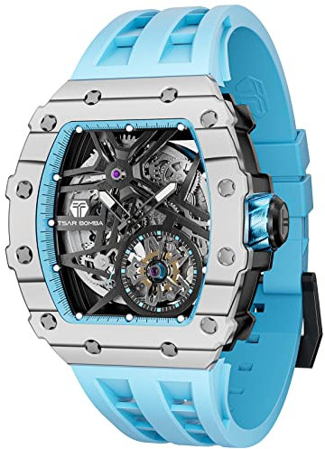 TSAR BOMBA Herrenuhr Automatik Uhren Herren- Japanisches Mechanische Uhrwerk-Saphirglas - 50M Wasserdicht-Lünette aus Kohlefaser-Fluorkautschuk-Luxus Leuchtend Quadratische Uhr