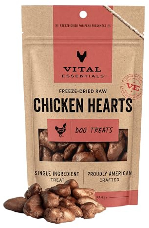 Vital Essentials Freeze Dried Raw Chicken Hearts Dog Treats | Single Ingredient | Premium Quality | Grain Free Treats for Dogs, 1.9 oz Bag