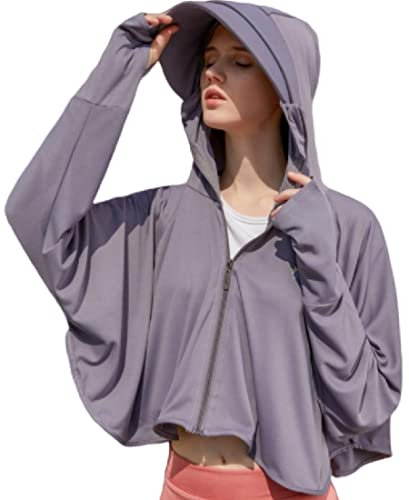 Veste de protection solaire pour femme avec fermeture éclair intégrale UPF 50+ Protection solaire UV Vêtements légers à manches longues Sweat à capuche, gris foncé, taille unique