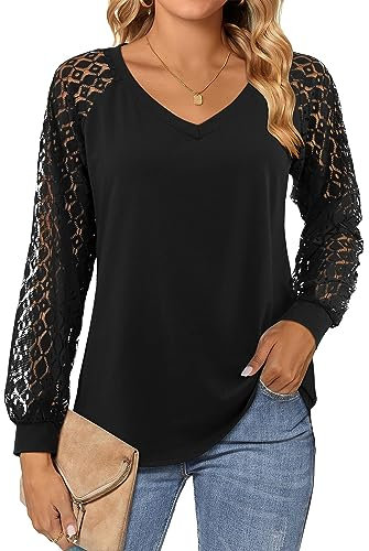 Beluring Womens Tops Casual V Neck T Shirt Dressy Lace Long Sleeve Tshirt Blouse Black Size 8 10