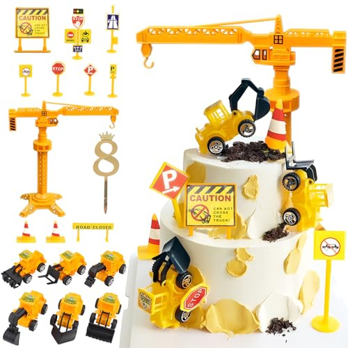 Tortendeko Baustelle 8 Jahre, Bagger Kuchendeko 8. Geburtstag Junge, Verkehrsschilder Torte Kuchen Deko Cake Topper, Miniatur Baustelle Wichtel Spielzeug Geburtstagsdeko für Kinder Junge