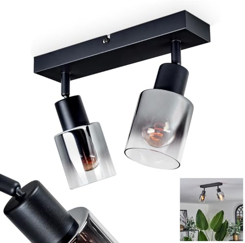 Deckenleuchte Leteque, moderne Deckenlampe aus Metall/Glas in Schwarz/Rauchfarben/Klar, verstellbare Leuchte im Retro/Vintage-Design mit Schirmen aus Rauchglas, 2 x E14, ohne Leuchtmittel