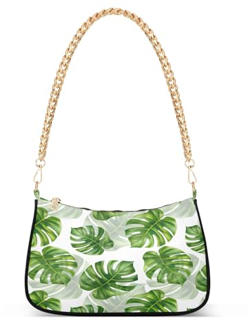 Chain Shoulder Bag for Women Monstera Leaves Tote Hobo Handbag Underarm Ladies Small Crossbody Bag Zipper