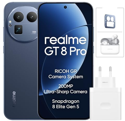 realme GT 8 Pro 5G - Smartphone de 12+256 GB, Snapdragon 8 Elite Gen 5, 200MP Ultra Clarity, Pantalla de 6.79 AMOLED QHD+ 144Hz, 7000mAh, 50W Wireless Charge, con 120W Cargador, Azul(Versión EU)