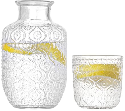 Kitchenexus Bedside Water Carafe and Glass Set, 20oz Pitcher and 5.4 Oz Cup, Glass Water Jug Juice Pitcher with Tumbler for Bedroom Nightstand, Crabapple Pattern