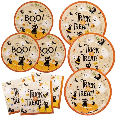 BFB Assiettes en papier de fête d’Halloween Tirck or Treat Lot de 48 Assiettes de fête, Serviettes de table jetables Vaisselle de fête Fournitures de fête