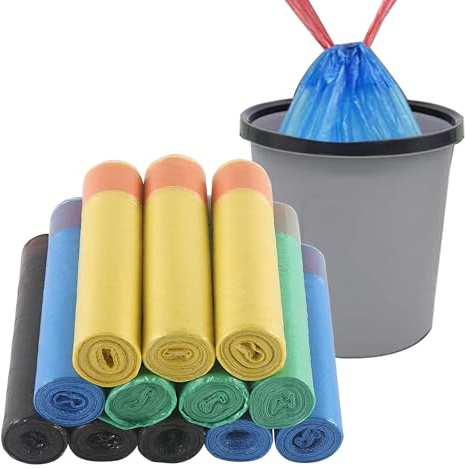 HVDHYY 10l-15l Sacs Poubelles Avec Cordon, 12 Rouleaux/180 Pièces, Adaptés Aux Sacs Poubelles De Bureau, Appartement, Salon, Chambre À Coucher, Salle De Bain (noir, Bleu, Jaune, Vert)