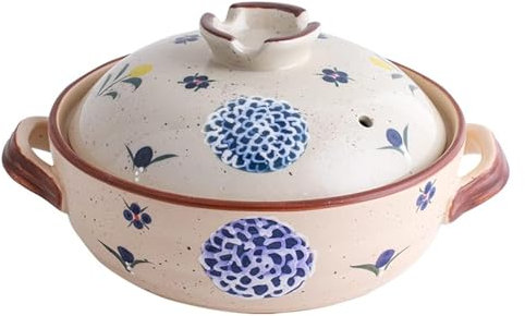 Japanese Clay Pot Hot Pot, Ceramic Donabe Casserole Earthenware Clay Pot with Lid, High Temperature Resistance Round Ceramic Cookware for Cooking(2.2L)
