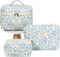 Kosmetiktasche Damen Reise Make Up Tasche, 3 Stück Große Baumwolle Kulturtasche Make-Up Organizer Tasche Cosmetic Bag mit Blumenmuster für Kosmetik Kosmetikartikel (Blaue kleine Blume)