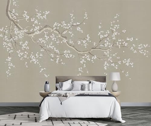 MIWEI Wallpaper Papier Peint Panoramique Fleur De Prunier Rétro Zen Papier Peint Nature Intissé Murale Chambre Salon -F001-400cmX260cm