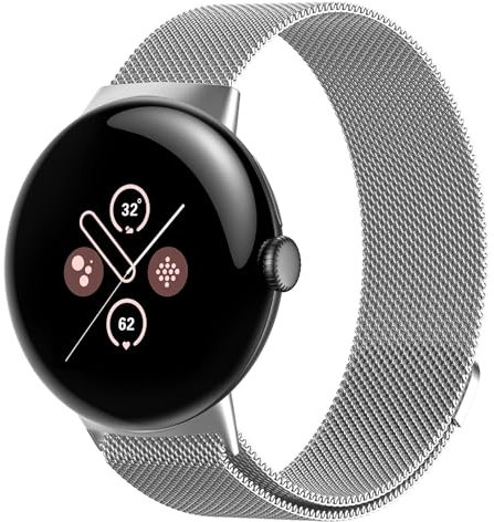 GIOPUEY Armband Kompatibel mit Google Pixel Watch 3 45mm, Geflochtenes Edelstahlarmband [Verschleißfest] [magnetisch] Ersatzarmband - Silver