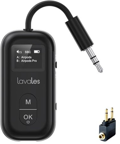 SafeFly Pro Bluetooth 5.3 Adapter für 2 Kopfhörer/Airpods, aptX Adaptive Low Latency Bluetooth Transmitter Empfänger, Kabelloser Audio Sender Klinke 3,5 für Flugzeug/TV/Stereoanlage/Auto, (Schwarz)