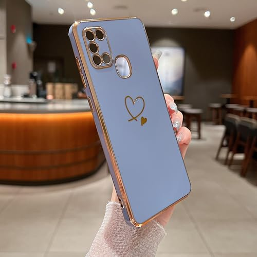 LSOUGUK Compatible with Samsung Galaxy A21S Case,Love Heart Pattern Electroplated Design Soft TPU Shockproof Protective Phone Case Full Camera Lens Protection Cover for Samsung Galaxy A21S-Blue