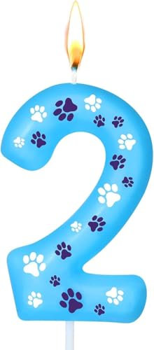 Ovaletta Blaue Geburtstagskerzen Zahlen 2 mit Pfotenabdruck, Kerzen Geburtstag, Blaue Geburtstagskerze, Geburtstagskerzen für Torte, Kerze 2, Kuchenaufsatz für Jungen, Mädchen, Hunde Partyzubehör