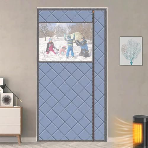 Thermal Door Curtain Magnetic, Polyester Fiberfill and PU Fabric, Insulated Door Curtain with Hook and Loop Straps and Visible Window for Windproof, Keep Warm in Winter, Self-Close(Blue,90*230cm/35*90
