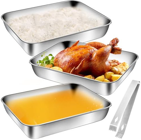 Set di 3 Ciotole per Impanare in Acciaio Inox con Clip, Vaschette Rettangolari per Panierstrasse, 25 x 19 x 5 cm, Teglia per Briciole Rettangolare, Ideali per Carne, Pesce e Verdure