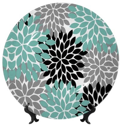 ESNAIUVCD Dahlia Flower Print Bone China Decorative Plate Ceramic Plates Printed Round Dinner Plates Crafts with Display Stand