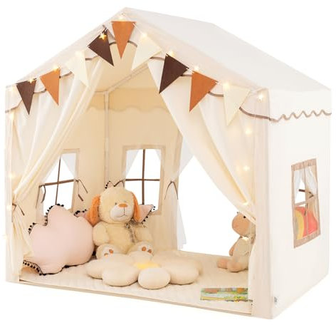 COSTWAY Spielhaus Kinder Indoor, 2 IN 1 Kinderzelt mit Matte und Lichtern, 2 Eingängen, Spielzelt Kinder, Prinzessin Kinderspielhaus, Kinderzimmer Dekor Zelt für Jungen und Mädchen ab 3 Jahren