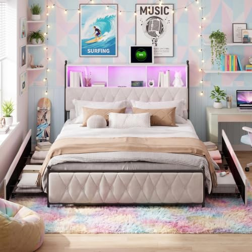 YYXLDYNB Dubbel vadderad säng, 140 x 200 cm, sammetssäng med 2 inbyggda USB-uttag, LED-säng med 4 förvaringslådor, sängbord med RGB-ljusremsa, lätt att montera, ingen madrass, beige