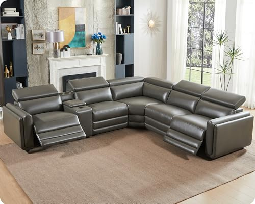 Oversized Power Recliner Sectional Sofa, Leather Recliner Sofa, Dark Grey