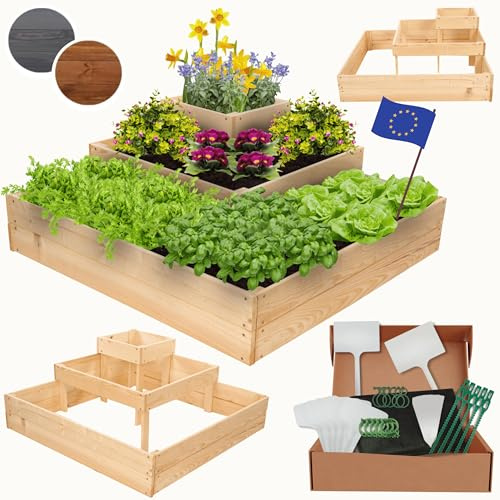MODO24 Hochbeet Holz, Blumenkasten, Gartenbeet, 36x92x92cm, Natur | Robustes Kräuterbeet & Pflanzbeet aus Kiefernholz, Stufenförmiges Blumenbeet & Gartenbeet für Garten, Balkon & Terrasse