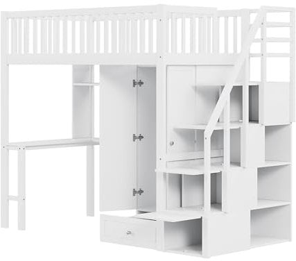 xixiworkshop Hochbett 90x200cm mit Schreibtisch/Kleiderschrank/Stauraum Treppen, Bett für Mädchen Jungen Kinderbett Rausfallschutz ohne Matratze(Weiß)