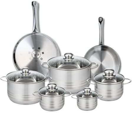 ELO 9878250 Batterie de cuisine 7 pièces, Ensemble de 2 Poêles de cuisson 24 et 28 cm et 5 faitouts 12, 14, 16, 20 et 24 cm Elo Profi Brillant, inox, induction