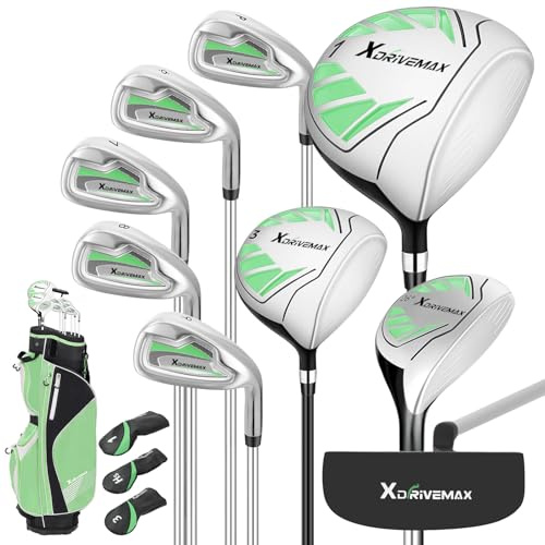 XDriveMax 10 Teilige Komplettes Damen Golfschläger Set, Golf Set Rechtshänder,Inklusive Cart Bag mit Regenhaube, 1#Driver 3#Wood #5 Hybrid, mit 3 Kopfhüllen, 6# 7# 8# 9# PW# Eisen und Putter