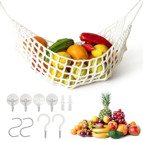 Makramee Obst-Hängematte, Obst Gemüse Hängematte Handgewebt aus Baumwolle | Boho Stil Obstnetz mit 8 Haken, Platzsparender Obstkorb Hängend unter Schrank für Küche, Zuhause, Wohnmobil