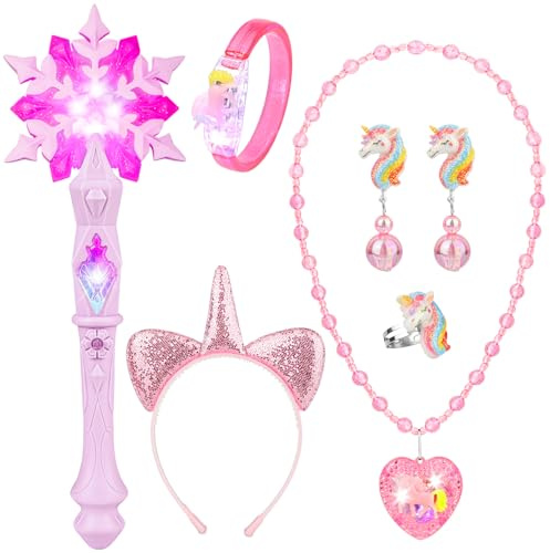 Hifot Baguette Magique Lumineuse Baguette Magique Flocon de Neige avec Effets Sonores Accessoire Princesse avec Serre-Tête, Bijoux Licorne, Bracelet Lumineux et Pendentif à Led Clignotante pour Fille