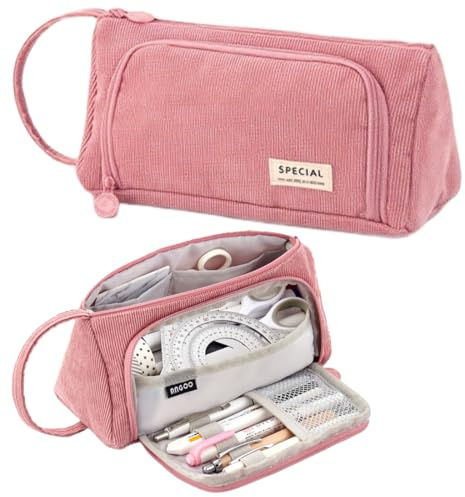 PYEUIFT Trousse À Crayons Velours Côtelé Rose Grande Trousse Scolaire Fille Trousse Scolaire Femme Cute Pencil Case Double Compartiment pour École Et Bureau