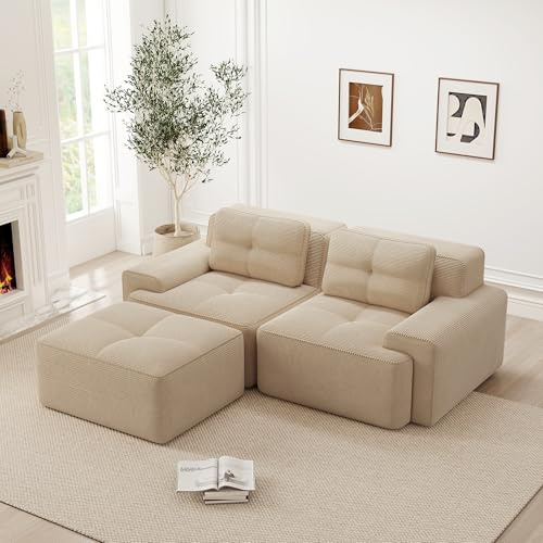 NuvlaGu Modular Sofa, L-Shaped Corduroy Cloud Couch with Ottoman, Deep Seat Sectional Sleeper Sofa for Living Room, Boneless Modern Convertible Sofa Bed (Beige + Corduroy + 2 Seat2)