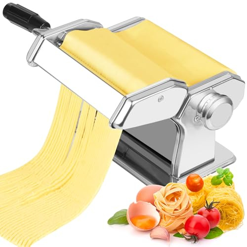 Alyoen 3-in-1 Stainless Steel Pasta Machine, Pasta Maker, Aluminium Alloy Pasta Machine with 9 Adjustable Thickness Settings and 2 Cutters, Manual Noodle Machine for Noodles, Spaghetti, Fettuccine