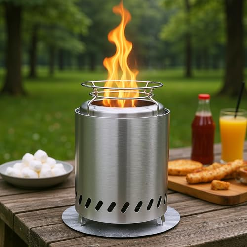 SMOOL 18cm Rauchfreier Tischfeuerkorb aus Edelstahl, Tragbarer Camping Feuerkorb für Outdoor & Terrasse, Inkl. Tragetasche, 2 Stöcken und Feuerfestmatte, Für Pellets & Holz （7 Zoll