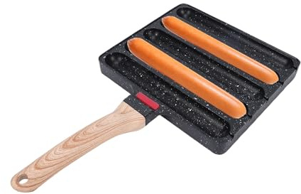 Rengue Sausage Grill Pan, Anti Stick Aluminum Alloy Sausage Skillet Stove Top Grill Pan with Anti Scald Wooden Handle for Commercial Use